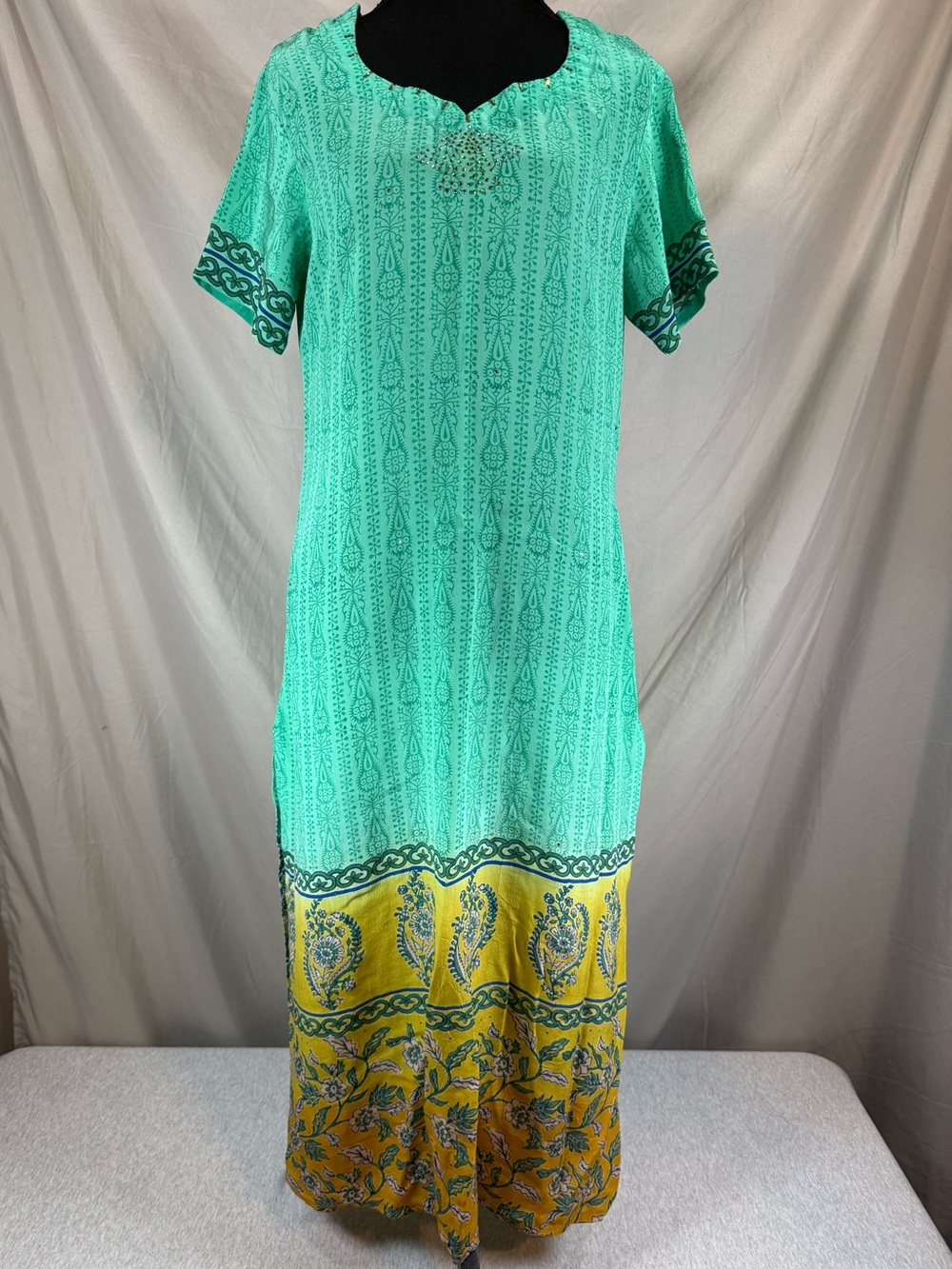 Vintage 100% Silk Boho Kaftan Maxi Dress Turquoise & Orange - Size Small